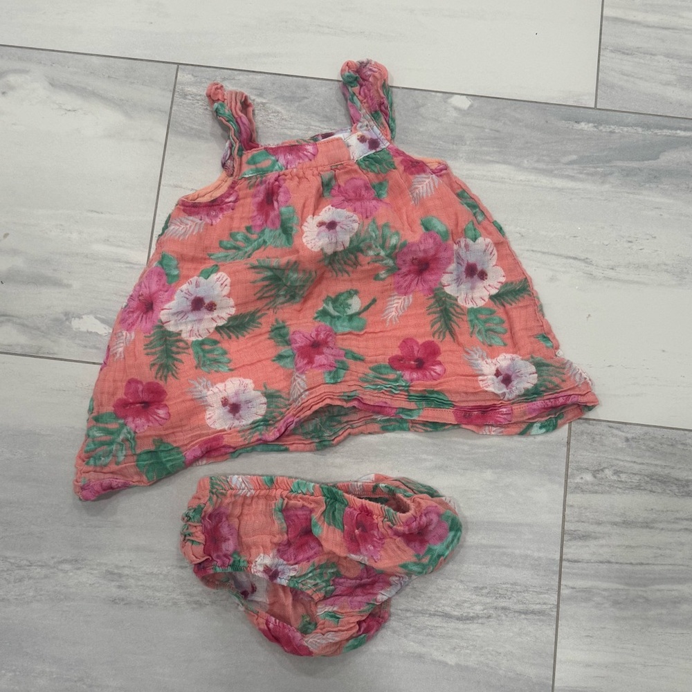 Angel Dear Pink and Green Floral Muslin Cotton Dress w Bloomers